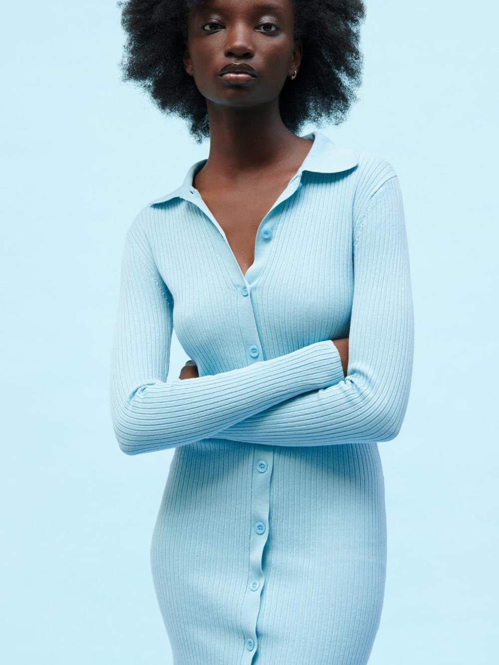 NWT Zara | Light Blue Ribbed Knit Polo Dress, Medium - Picture 2 of 7